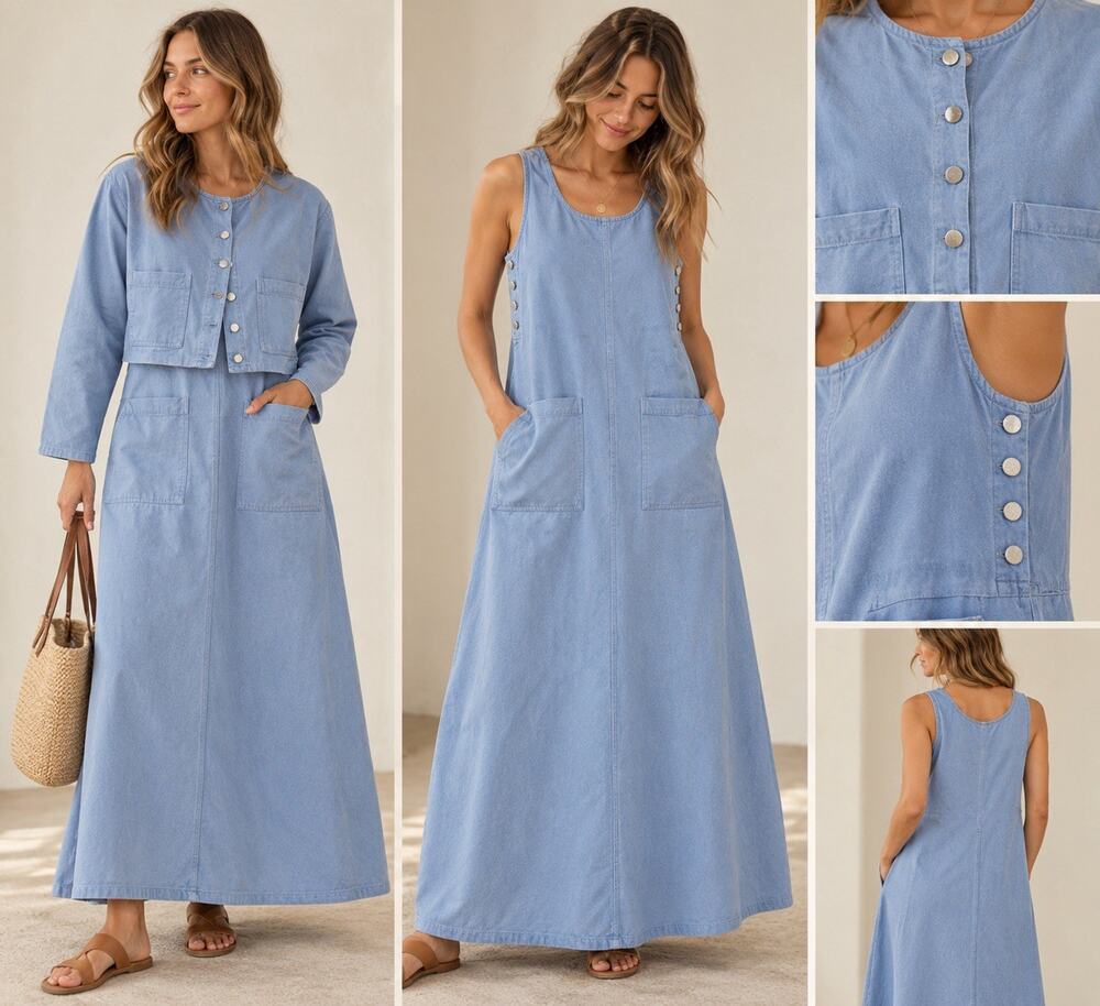 Vintage California Drawstrings Dress + Button Front Jacket Set Dusty Blue XL H5